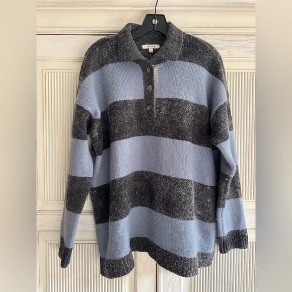 Madewell Women’s Wool Blend Blue and Black Rugby Striped Sweater, Large - Picture 4 of 16